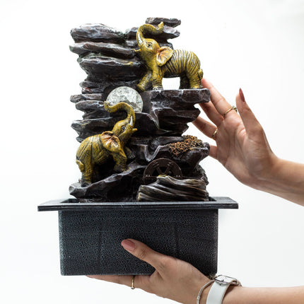 Tabletop Water Feature with Elephants & Crystal Ball – Indoor Fountain 35 cm