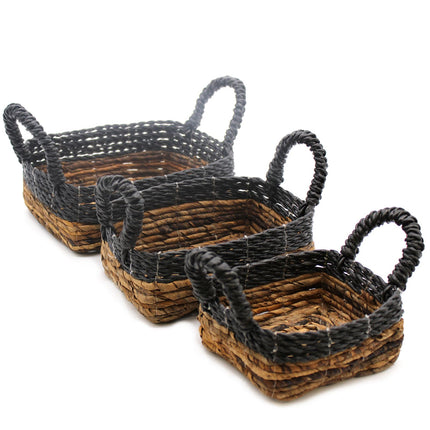 Set van 3 vierkante manden van bananenblad en zwart raffia