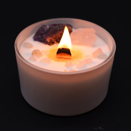 Derde Oog Kristalkaars – Sojawas meditatiekaars met amethist en rozenkwarts