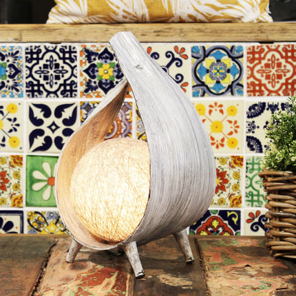 Lampe de table en noix de coco naturelle – Lampe bohème à revêtement gris délavé